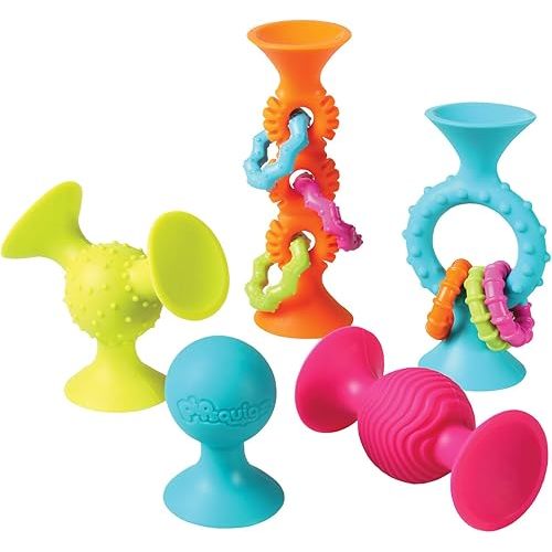 Fat Brain Toys PipSquigz Combo Set - 2 PipSquigz Loops, 3 Rattling Pip Squigz, Zippered Storage Case -BPA-Free Silicone Fidget Toys for Girls and Boys