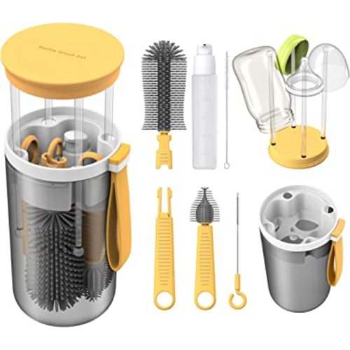 Baby Essential Travel Bottle Cleaner Kit with Silicone Bottle Brush，Built-in Snap-on Drying Rack，Silicone Nipple-Shaped Brush，2 Straw Brushes，Bottle Soap Dispenser，Bottle Warmer Bowl.（Yellow）
