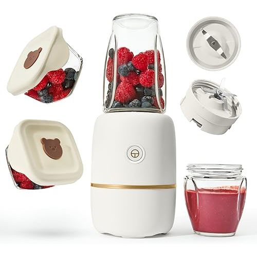 Kwiplee Bubble Blender, Baby Food Maker & Puree Blender with 2 Borosilicate Glass Cups, Compact Baby Bullet for Smoothies, Hands-Free One-Touch, 200W Motor, Cream