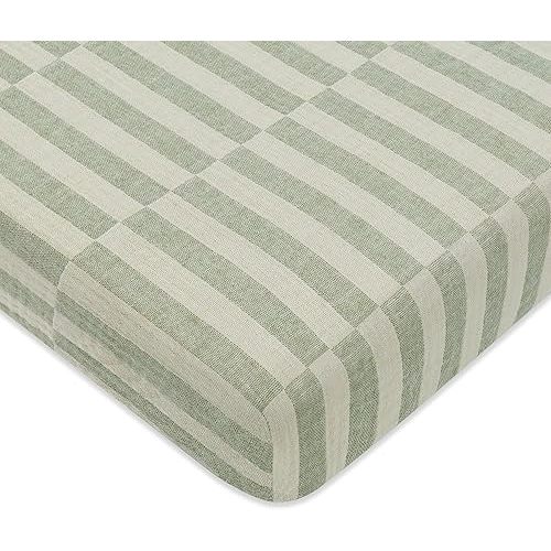 Babyletto 100% Organic Cotton Mini Crib Sheet, GOTS-Certified, Fitted 360°, Ultra-Soft and Breathable Muslin - Moss Green Offset Stripe