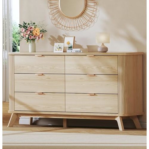 HUAHUU 55" Wide Fluted 6 Drawers Dresser for Bedroom, Mid Century Modern Dresser & Chests of Drawers, Curved Profile Design, Dressers TV Stand, Wood Storage for Hallway, Entryway, Oak