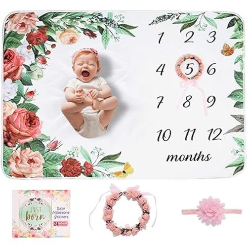 Baby Monthly Milestone Blanket | Floral Monthly Milestone Stickers, Premium Floral Wreath & Headband | Extra Soft Fleece Baby Photo Blankets for Newborn 1-12 Months for Girl and Boy