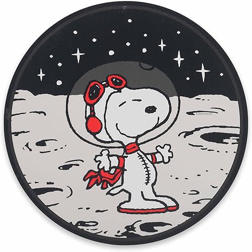 Peanuts Snoopy in Space Round Metal Sign - Fun Astronaut Snoopy Wall Decor for Kids' Bedroom or Play Room