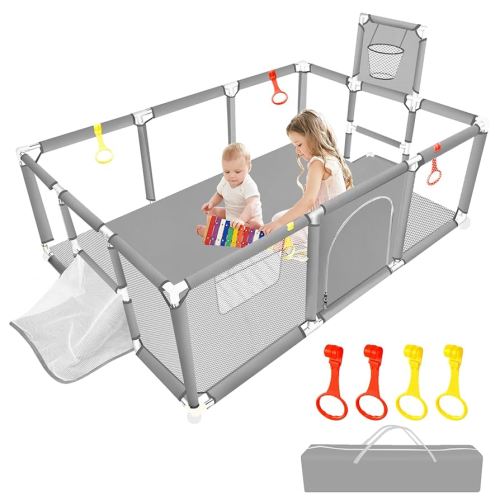 74"×50" Large Playpen for Babies and Toddlers, Kids Playyard with Basketball Hoop & Football Nets, Comes with a Storage Carry Bag, Pull Up Rings, Sturdy Safety Play Pen w/Soft Breathable Mesh (Grey)