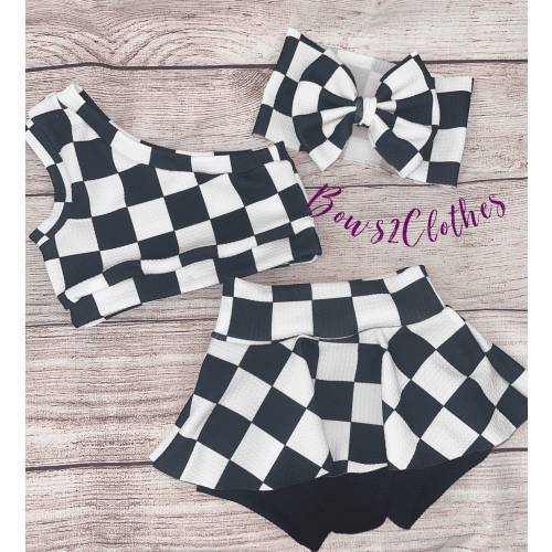 Black and White Checkered Baby Girl Outfit/ One Shoulder Crop Top/ Skirted Bummie and Headwrap or Bow On Nylon