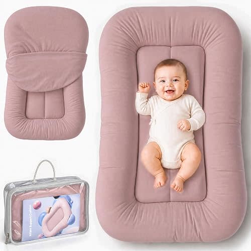 Infant Support Cushion - Organic Soft Cotton Baby Support Cushion for Newborn 0-24 Months, Breathable Portable Pad for Home and Travel, Washable Cover Included, Ideal Baby Essentials Gift, Rose Petal
