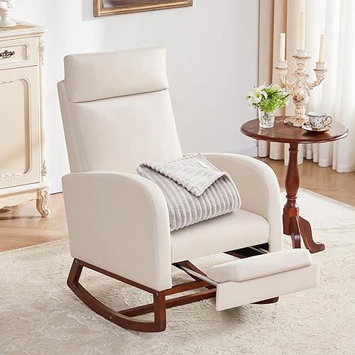 Nursery Rocking Chairs with Foot Rest, Glider Rocking Chair Nursery with High Back, High Back Rocking Chair, Baby Nursery Glider Rocker, Nursing Chair Accent Living Room Beige with Blanket