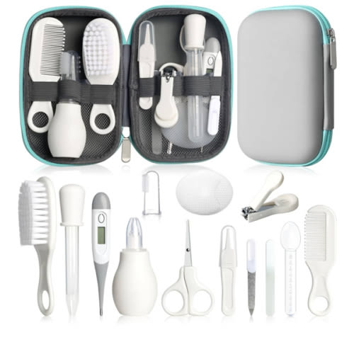 Baby Grooming Kit, Infant Safety Care Set with Hair Brush Comb Nail Clipper Nasal Aspirator,Baby Essentials Kit for Newborn Girls Boys (Grey White)