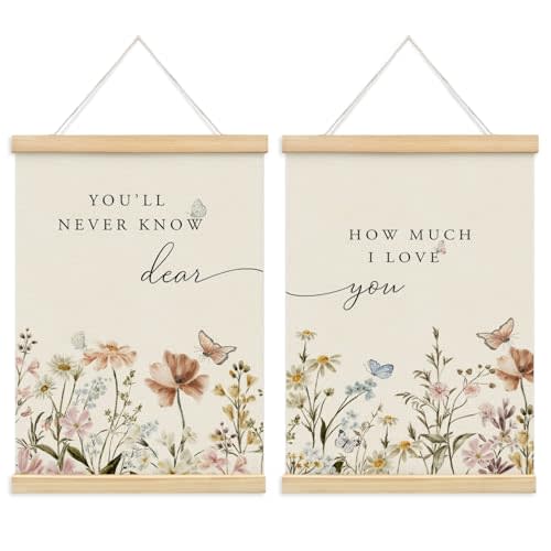 ETYZE Girls Room Wall Art Posters Wood Framed Hanger, Boho Flowers Canvas Wall Decor, Nursery Kids Bedroom Wall Decor Set of 2, You'll Never Know How Much I Love You, 12x16 Inch