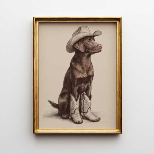 Vintage Cowboy Lab Sketch, Cowboy Dog Art, Dog Wall Art, Cowboy Decor, Cowboy Wall Art, Western Dog Wall Art, Funny, Western Dog, Matte