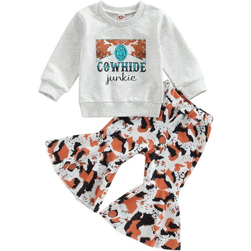 Omkzanbi Western Baby Girl Clothes Cowgirl Sweatshirt Retro Boho Cow Print Flared Pants Toddler Bell Bottoms Winter Outfits