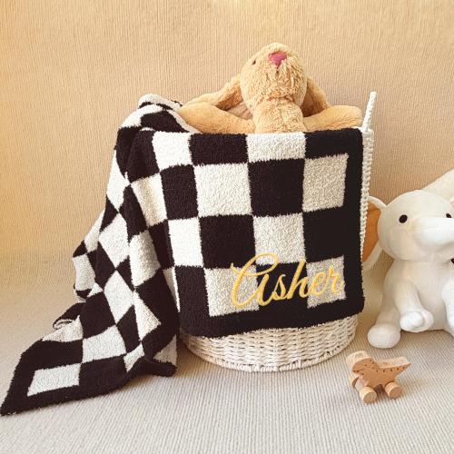 Black Checkered Blanket, Personalized Newborn Gift, Embroidered Baby Blanket, Personalized Quilt, Soft Blanket for baby