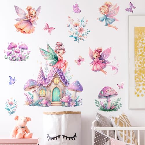 Amaonm Cartoon Princess Butterfly Girls Room Wall Decal Flower Angel with Rainbow Castles Wall Sticker DIY Peel and Stick Mushroom Wall Decor for Home Nursery Bedroom Bathroom (C)
