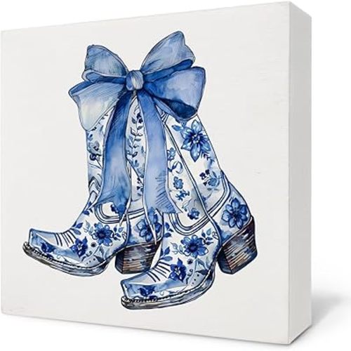 Chinoiserie Coquette Wooden Sign, Blue Coquette Floral Boots Bows Wooden Box Sign, Chinoiserie Decor, Grand Millenial Decor, Coastal Cowgirl Room Decor, Coquette Desk Decor, 5"x5"
