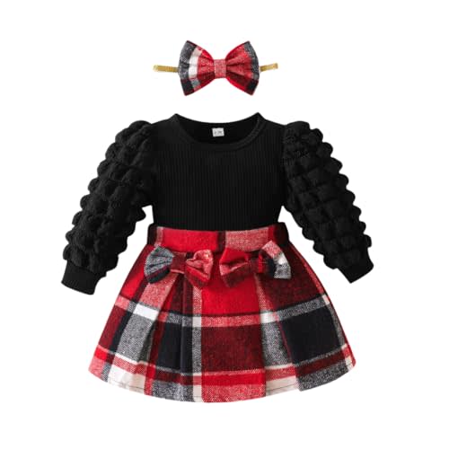 Toddler Baby Girl Plaid Dress Puff Sleeve Bow Patchwork Ribbed Shirts Dress Plaid Fall Winter Outfits with Headband