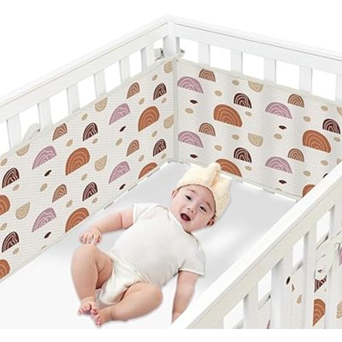 2 in 1 Ventilated Mesh Liner for Full-Size Cribs, Long Mesh (Size Covers 3 or 4 Sides) (Star Rainbow) (Kahki)