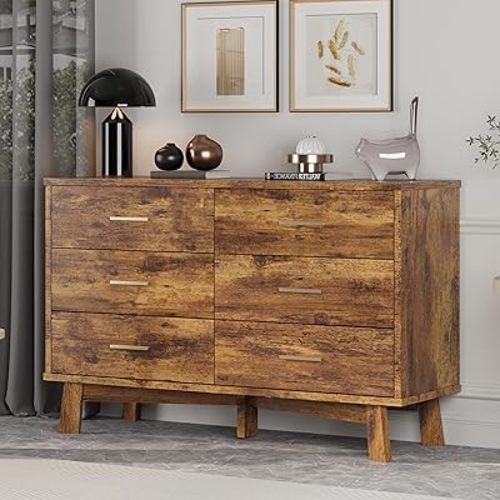 Dresser for Bedroom, 6 Drawer Wide Modern Chest of Drawers with X-Shaped Sturdy Base, Wood Double Dresser Closet Clothes Storage Organizer, Wooden TV Stand for Living Room, Hallway, Brown