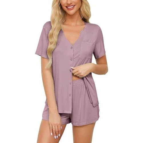 Anjue Pajamas for Women Soft Button Up Pajama Set Short Sleeve Shirt and Pajama Pants Lounge Sets S-XXL