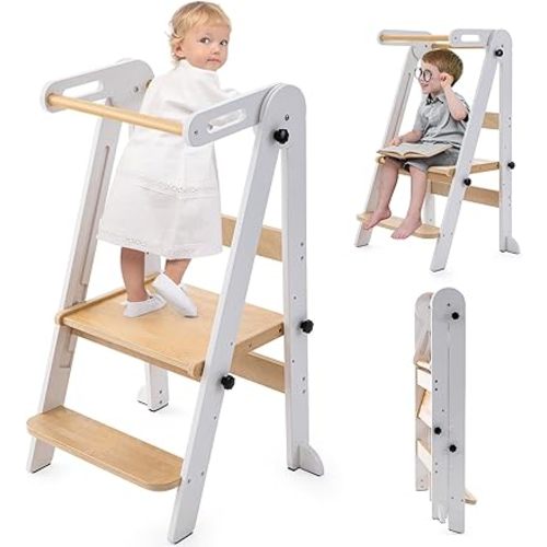Foldable Toddler Tower, Kitchen Stool Helper, Standing Tower with 3 Adjustable Heights and Non-Slip-Strips, Kitchen Tower for Kids 1.5-6 Years, Montessori Stool for Counter Sink (White)