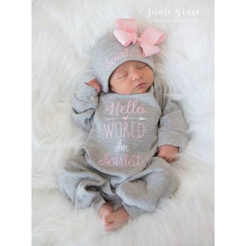 Baby Girl Coming Home Outfit Baby Girl Clothes Personalized Baby Girl Gift Hello World Outfit Newborn Girl Clothes Newborn Girl Hat