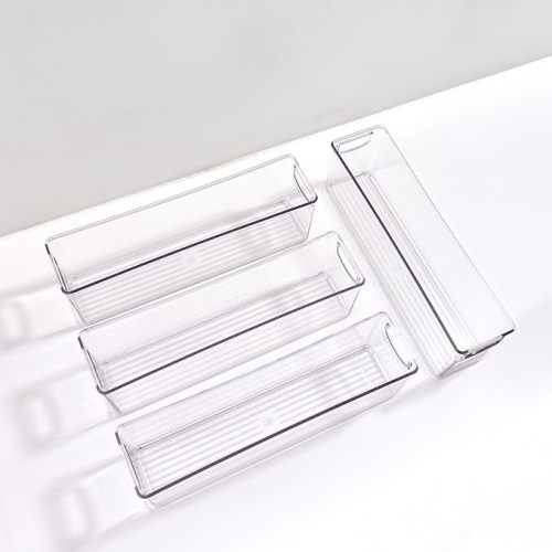 iDesign 4-Piece Recycled Plastic Pantry and Kitchen Storage, Freezer and Fridge Organizer Bins with Easy Grip Handles - 16" x 4" x 5", Clear - Medium