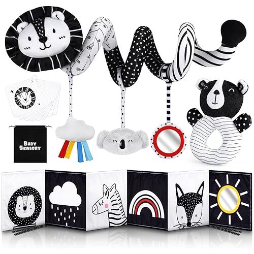 Joyreal High Contrast Baby Toys for Newborn 0-6 Months,Black and White Sensory Toy Set with Cards, Soft Book & Car Seat Toys,Montessori Infant Boys & Girls