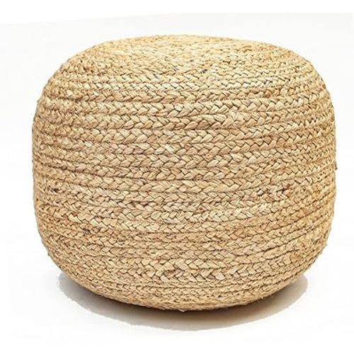Chardin home- Natural Braided Ottoman Pouf - Cozy & Bohemian Jute/Hemp Hand Crafted Casual Seating for Home, Office, Bedroom, 18"x18"x14". (Golden Brown)