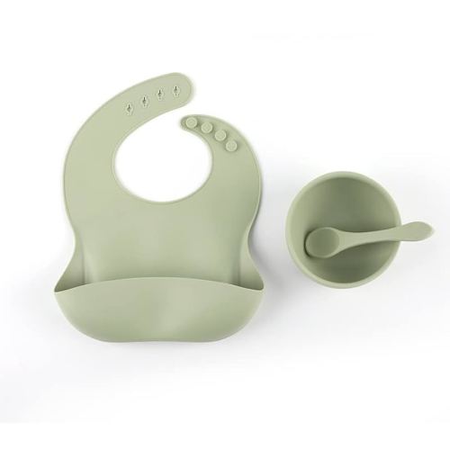 Set of Silicone Solid Feeding Kit with Bib, Round Suction Bowl and Spoon BPA Free (Olive Green)