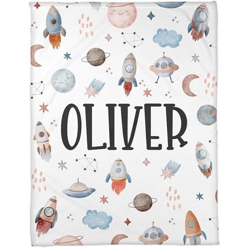 Zocoshi Personalized Space Rocket Baby Blanket Astronaut Throw Blanket Custom Design Baby Name Blanket for Toddler Kids Girls Boy