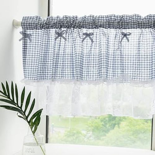 Deeprove Valance Curtain Lace Buffalo Check Plaid Gingham Patchwork, Short Window Curtain with Knots for Country Kitchen Cafe, Rod Pocket 1 Panel, 42" W x18 L, Blue