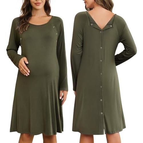 Ekouaer Women Maternity Nightgown Labor Delivery Nursing Gown Hospital Breastfeeding Dress Button Down Long Sleeve Sleepwear