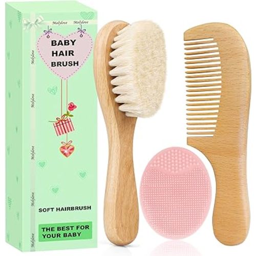 3PCS Baby Hair Brush with Wooden Handle and Comb Set for Newborns & Toddlers | Natural Soft Goat Bristles l Wood Comb l Pink Silicone Brush| Ideal for Cradle Cap