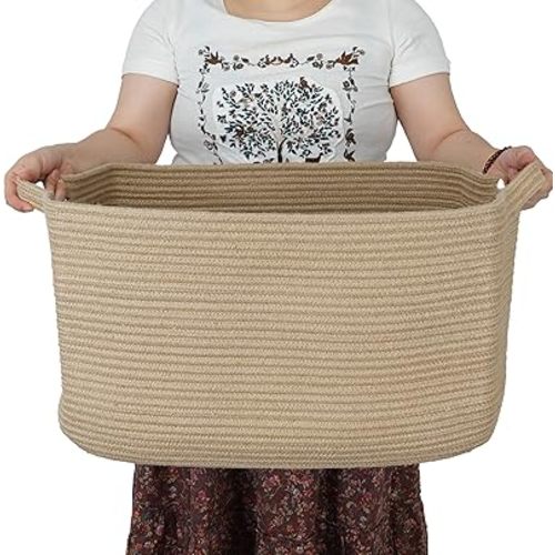 Large Rectangle Blankets Basket Living Room 22"x17"x12" Woven Jute Rope Storage Baskets for Nursery Toy Baskets for Kids and Dogs Wicker Laundry Basket Bin for Clothes Towels