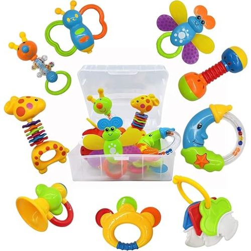 9pcs Baby First Rattle Teether Toy Gift Set with Storage Box for Infant Newborn Baby Boy 0 3 6 9 12 18Month Blue