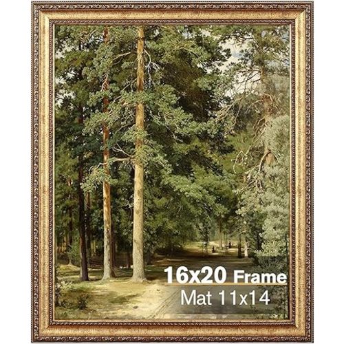16x20 Gold Picture Frame, Ornate Vintage Picture Frames for Wall or Tabletop Display, 16x20 Photo Frame Gold with Non Glare Plexialass, Display Poster 11x14 with Mat or 16x20 without Mat for Antique Déco