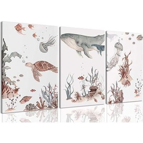 Wodkwq Ocean Nursery Decor,Nursery Wall Decor,Kids Bathroom Decor,Under The Sea,Boys Room Sea Animal Wall Art Picture Canvas Prints Set of 3,Bedroom 12x16 Inch Framed