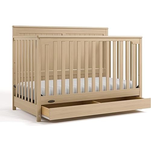 Graco Hadley 5-in-1 Convertible Crib with Drawer (Driftwood) – GREENGUARD Gold Certified, Crib with Drawer Combo, Full-Size Nursery Storage Drawer, Converts to Toddler Bed, Daybed