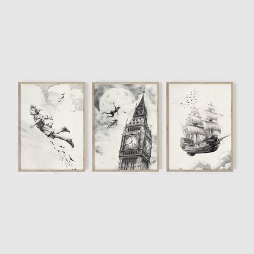 Peter Pan Nursery Sketch, Set of 3, Classic Peter Pan and Wendy Art Prints, Peter Pan Decor, Baby Shower Gift, Nursery Wall Art Decor #3