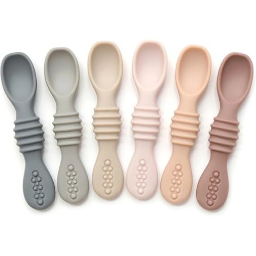 PrimaStella Silicone Chew Spoon 6-Piece Set | First Stage Feeding Spoons | Baby Led Weaning Supplies | BPA Free | Dishwasher and Boil Safe | Neutral Palette