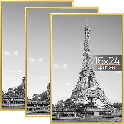 upsimples 16x24 Picture Frame Gold 3 Pack, Scratch-Proof Poster Frames 16 x 24 for Photo Gallery - Slide-In Strips, Horizontal or Vertical Wall Mounting