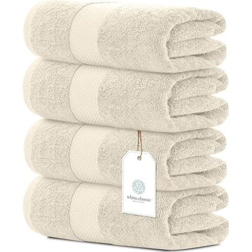 White Classic Luxury Bath Towels Set of 4 Large - 700 GSM Cotton Ultra Soft Bath Towels 27x54 | Highly Absorbent and Quick Dry | Hotel Towels for Bathroom Luxury, Plush Shower Towels, Ivory