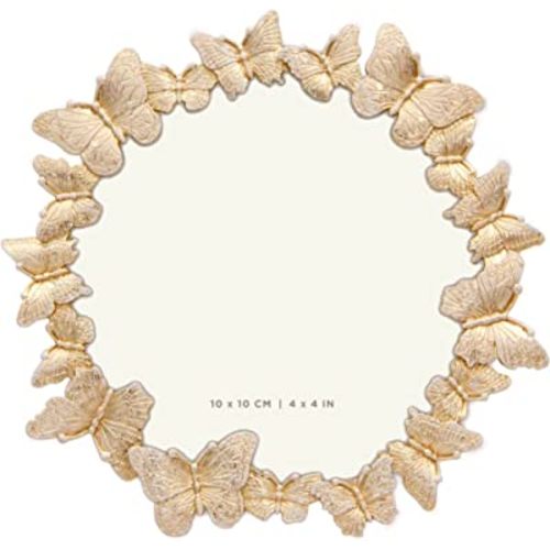 Round Butterfly Picture Frame with Gold With White Painted Frame 4”x4” Personalized Photo Frame Round Shape, for Vertical Display on Tabletop, Home Decor, Wedding or any Milestone Photos