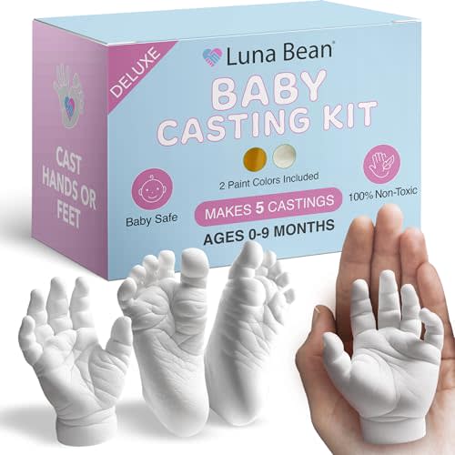 Luna Bean Deluxe Baby Keepsake Hand Casting Kit - Hand Mold Casting Kit for Infant Hand & Foot Mold - Baby Casting Kit for First Birthday, Christmas & Newborn Gifts - Includes Gold and Pearl Paint.