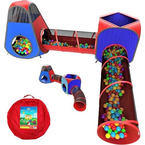 Playz 4pc Pop Up Play Tent and Tunnel Bundle for Toddlers and Kids - Indoor & Outdoor Playhouse With Storage Bag, Red & Blue