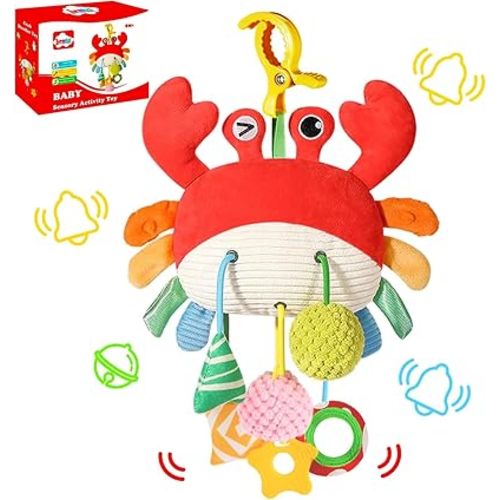 Car Seat Toys for Babies 0-6 Months, Carseat Toys Hanging with Clamp, Mirror, Bell, Rattles, Crinkle, Baby Crab Stroller Toy for Infant Boys & Girls