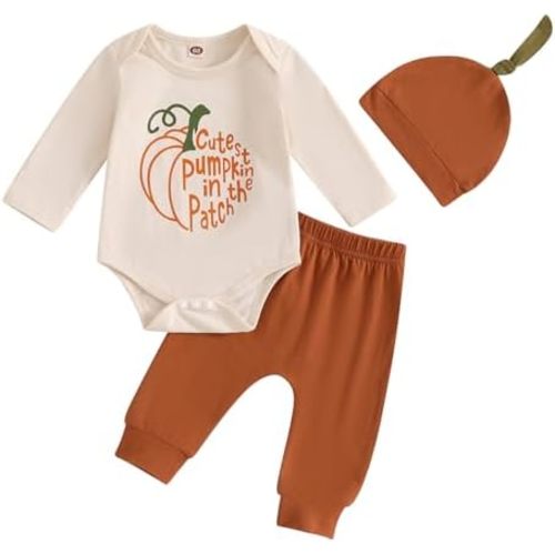 Lamuusaa Newborn Baby Boy Halloween Outfit Cutest Pumpkin In The Patch Romper Long Pants Hat 3Pcs Fall Outfit 0-18M