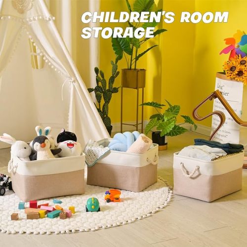 Storage Bins 3 Pack, Fabric Storage Basket for Collapsible Large Canvas Storage Baskets for Organizing Shelf Nursery Home Closet with Cotton Rope Handle 15(L) x 11(W) x 9.5(H) inch(White&Khaki-3PCS)
