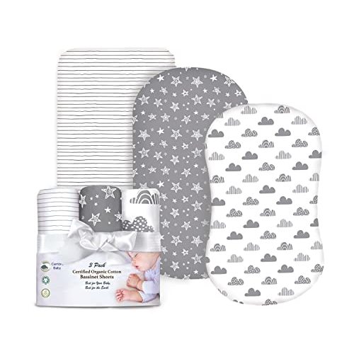 100% Organic Cotton Fitted Bassinet Sheets Fits Halo, Snoo, Graco, Dream on Me, Delta, and All Other Standard Size Bassinets. 3 Pk Adapts to Oval, Hourglass & Rectangle Shaped Bassinet Pads.