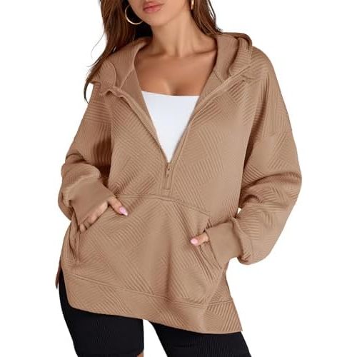 LOMON Womens Oversized Half Zip Hoodies Long Sleeve Textured Casual Sweatshirts Loose Fall Pullover Tops with Pockets