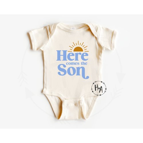 Here Comes the Son Baby Boy Onesie®, Baby Boy Gender Reveal Onesie®, Baby Boy Announcement, It's A Boy Bodysuit, New Baby Gift